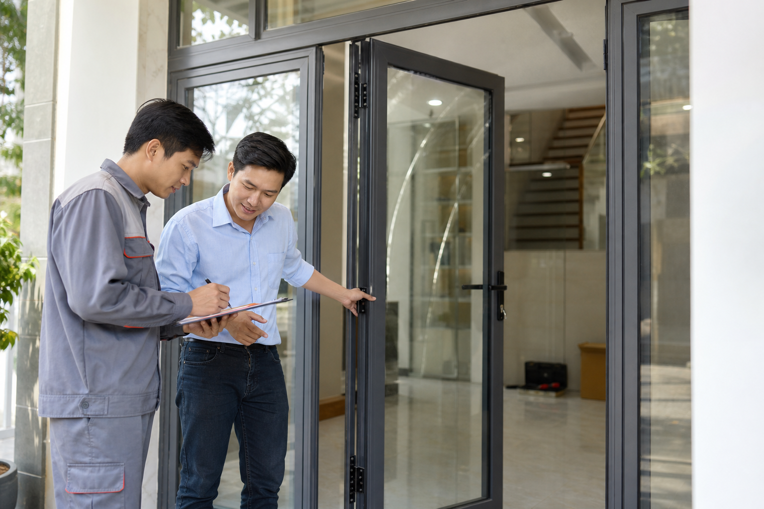 Minh họa bước nghiệm thu và bàn giao cửa nhôm kính sau lắp đặt