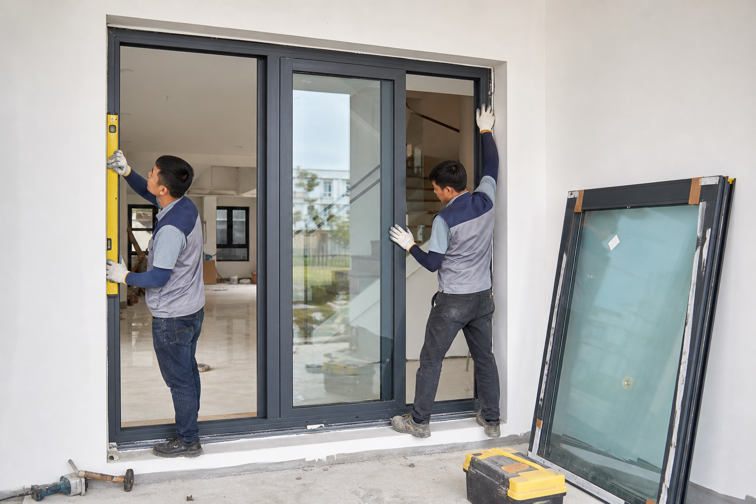Minh họa quá trình thi công lắp đặt cửa nhôm kính tại công trình