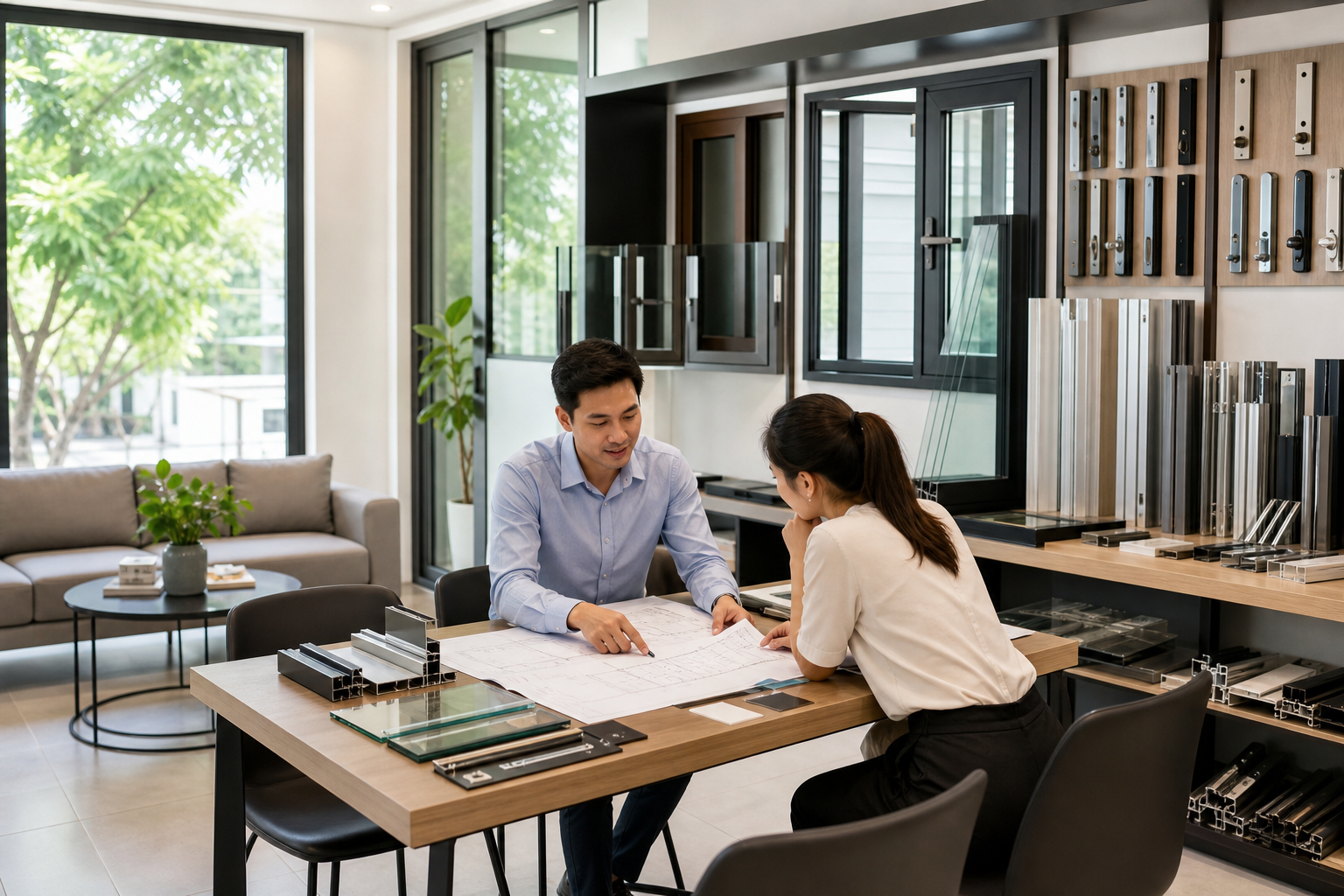 Minh họa không gian tư vấn vật liệu cửa, kính và nhôm kính