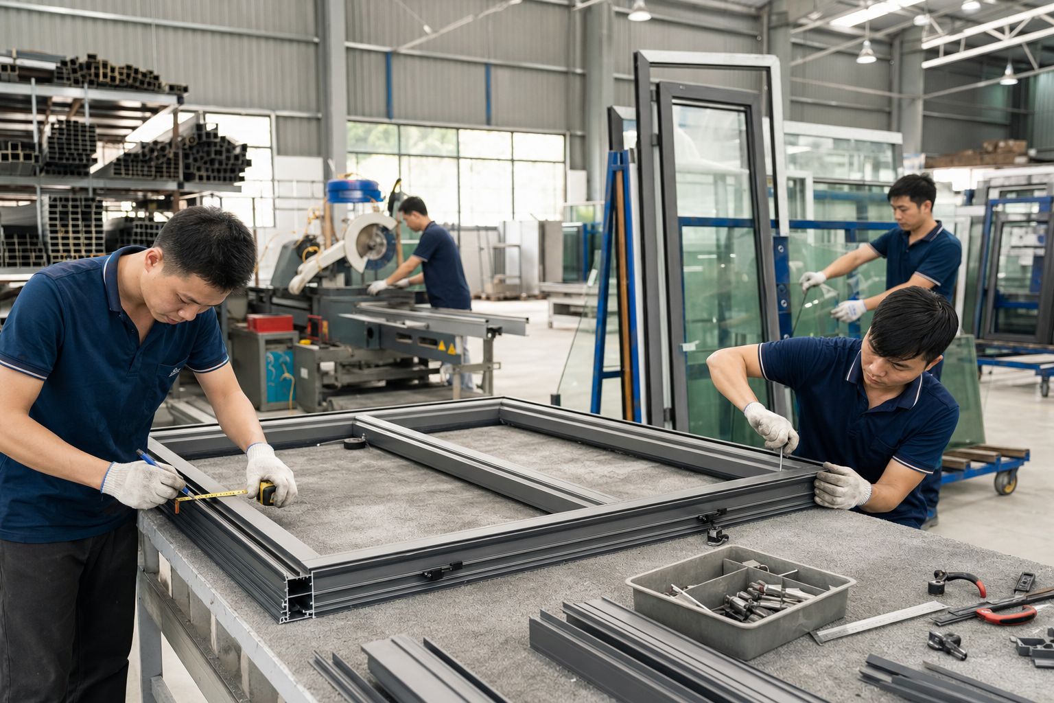 Minh họa xưởng gia công khung nhôm kính và chuẩn bị vật tư