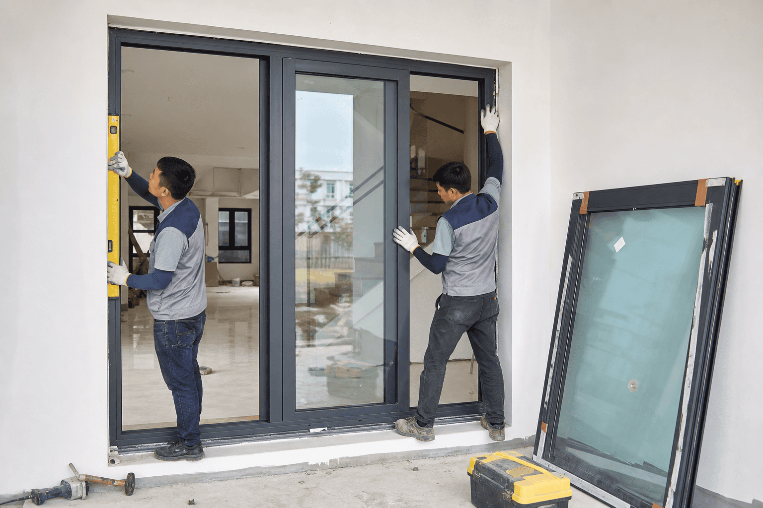 Đội thi công HAVACO lắp đặt cửa nhôm kính tại công trình